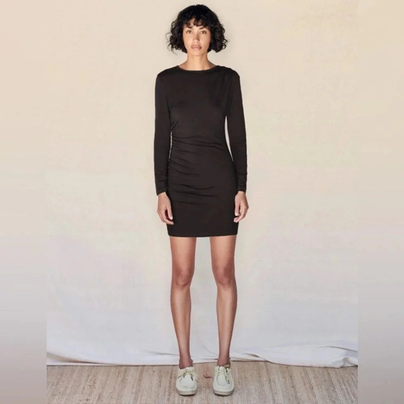 Sundry Womens Dress Blouson Ruched Black 3/4 Sleeves Gold Thread - Picture 9 of 9